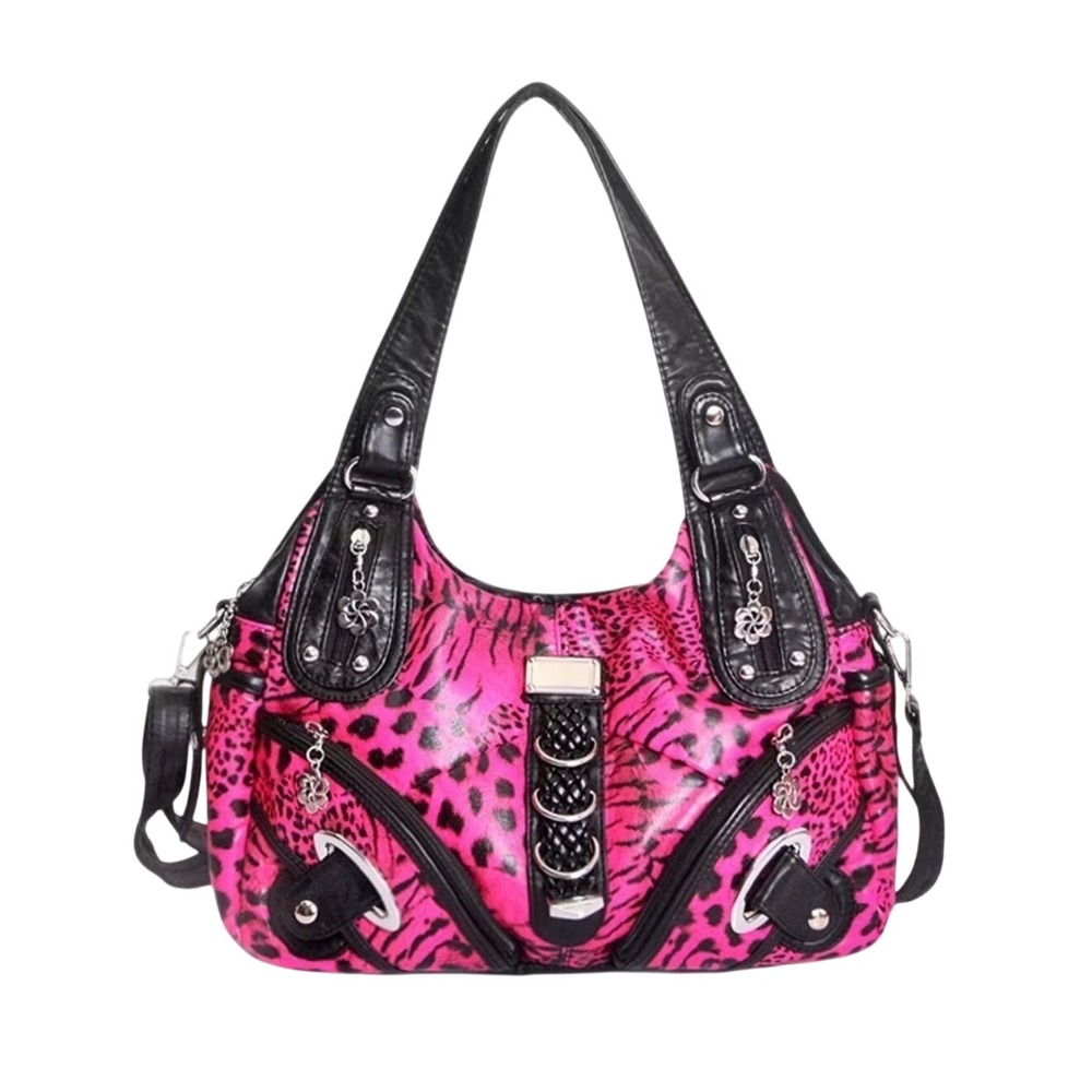 Y2K Pink Leopard Animal Print Shoulder Bag Leather Blend Hobo Crossbody Handbag
